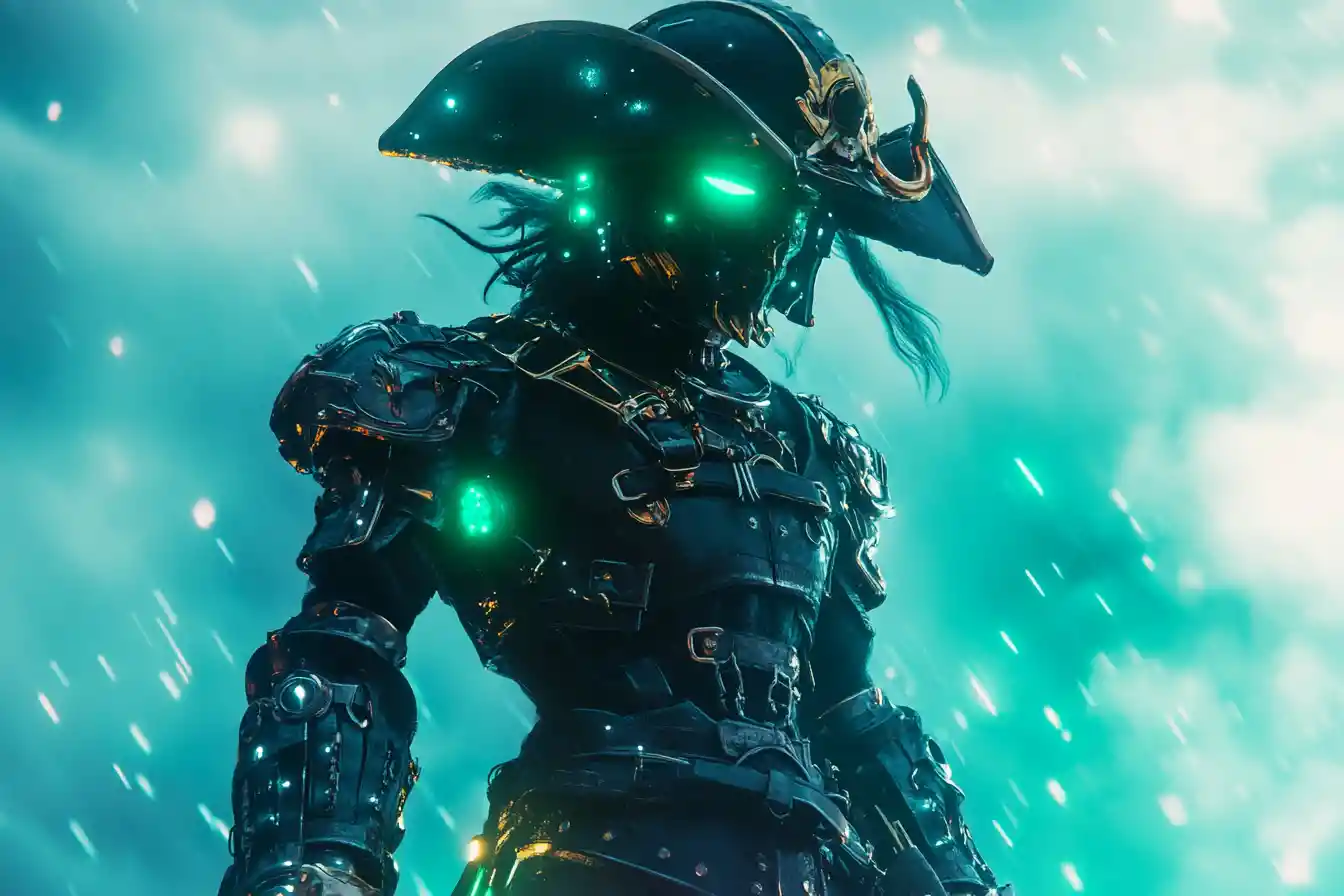 Cyber pirate guardian in stormy tropical battlefield