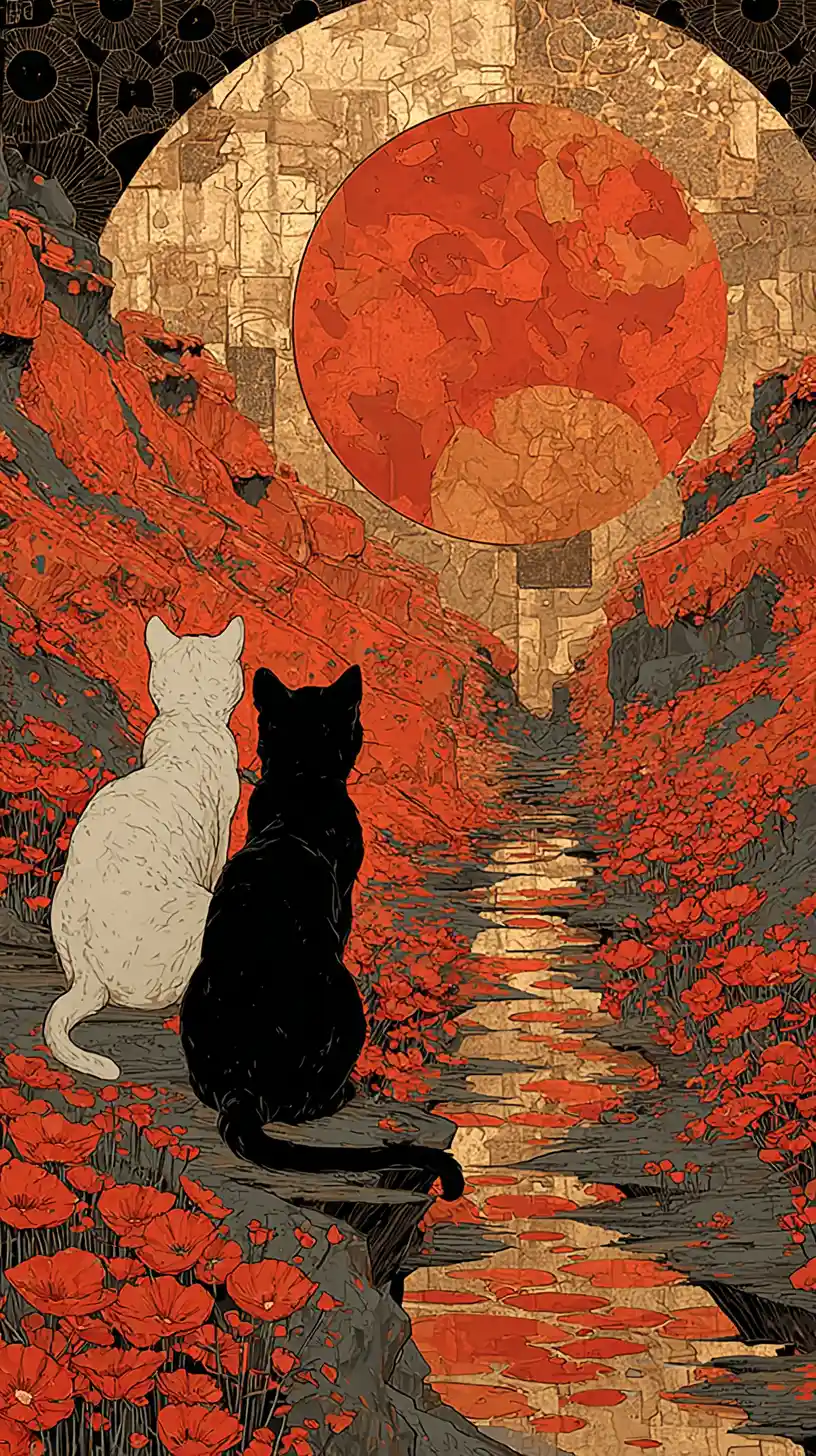 Two cats watching a giant moon over the sea