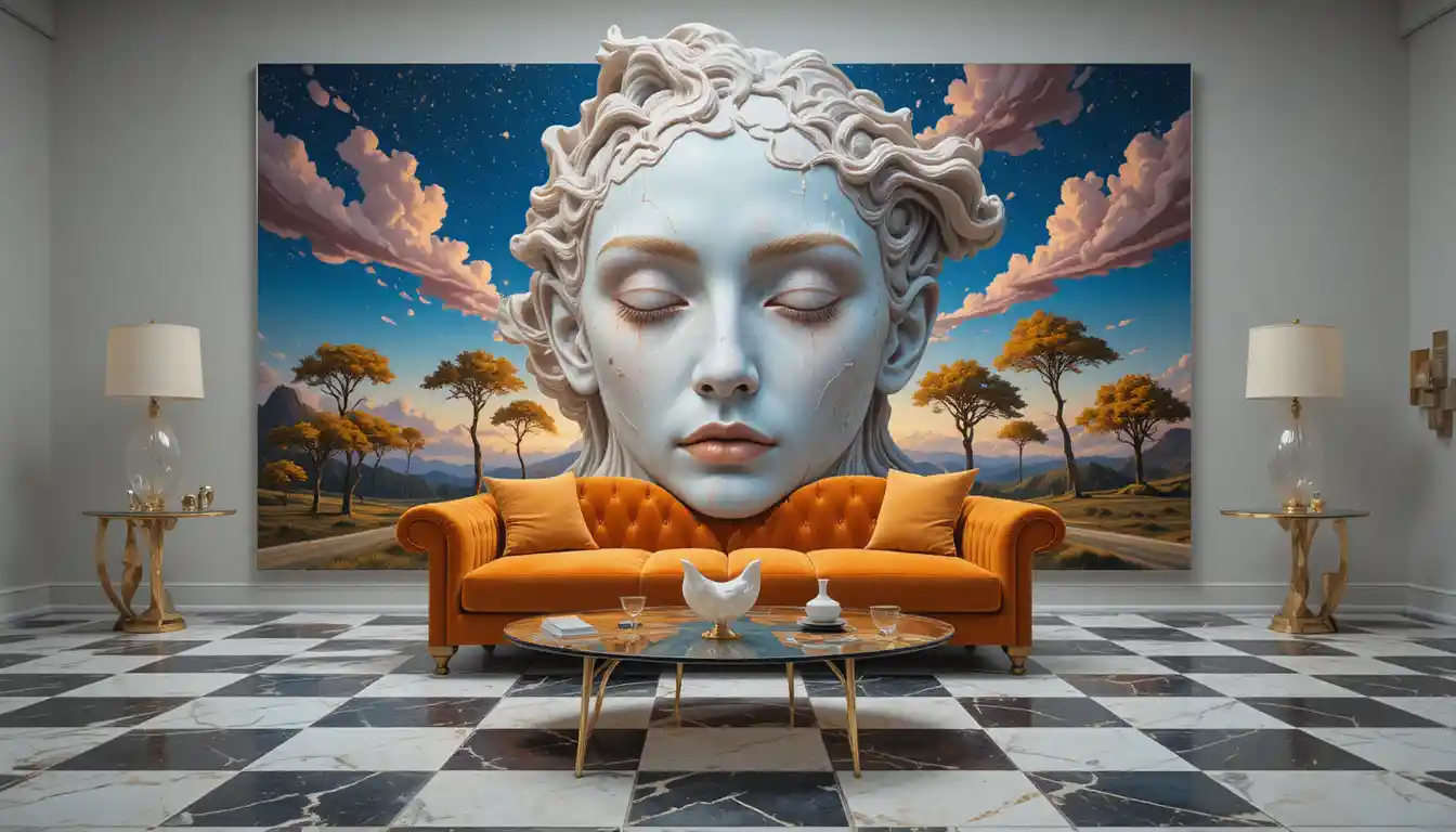 Surreal living room with baroque couch and cosmic artwork
