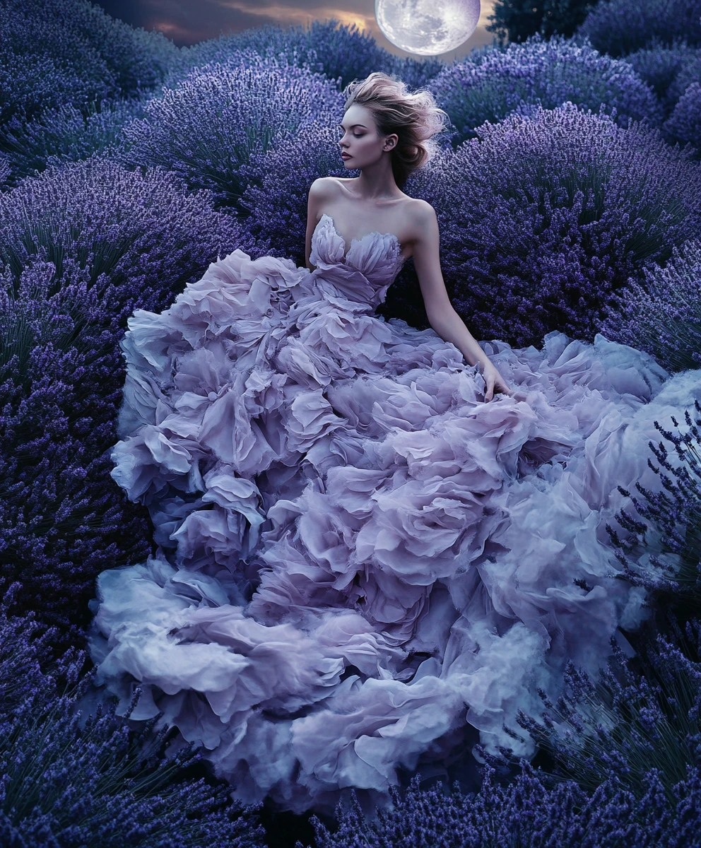Mujer etérea con vestido lavanda bajo flores a la luz de la luna