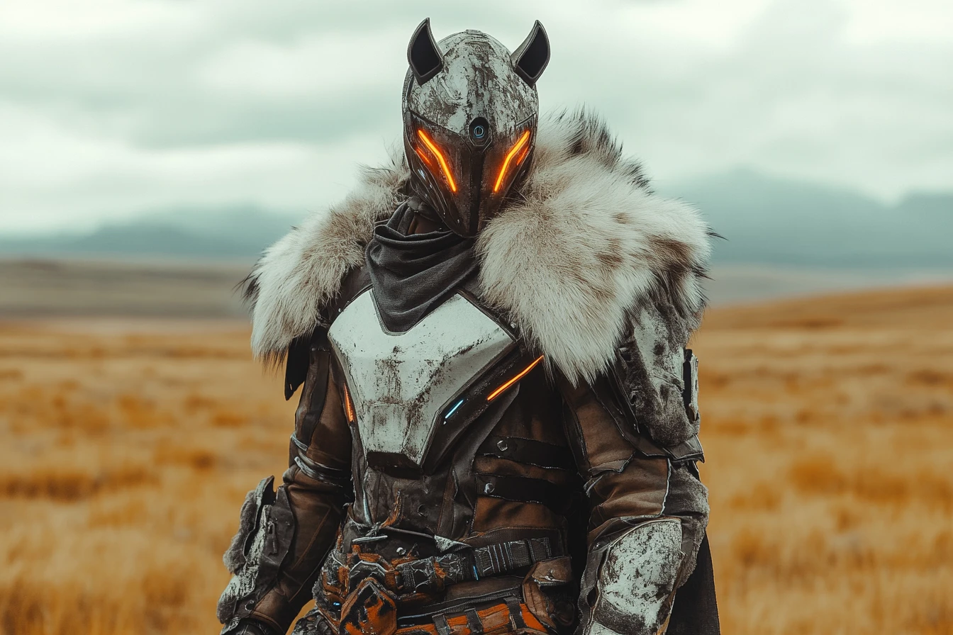 Cyber steppe warrior in fur armor on vast grassland