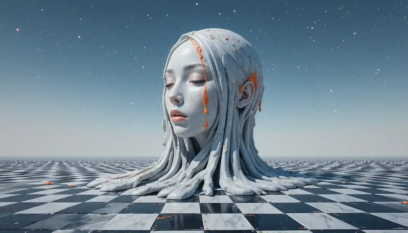 Surreal female face with abstract shapes and a single tear