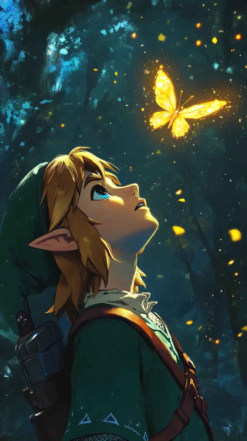 Fantasy hero gazing at glowing butterfly in dark forest