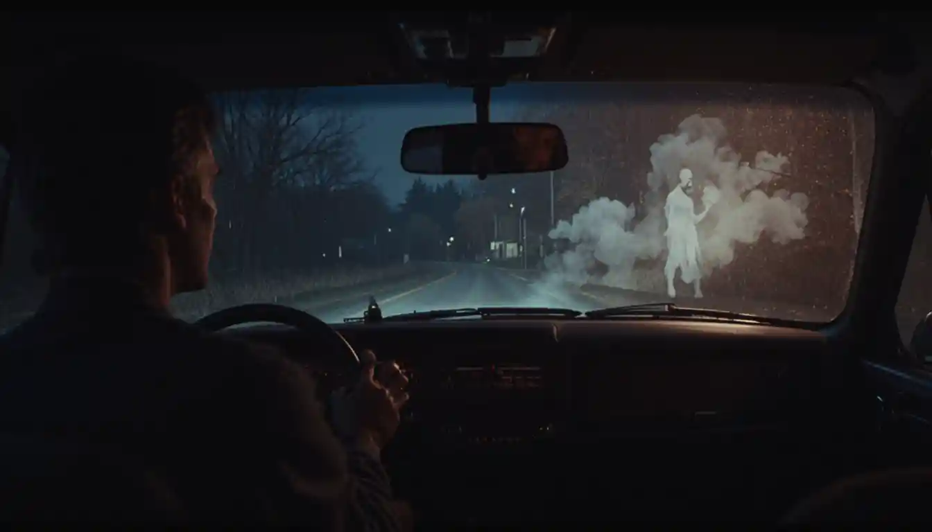 Terrified driver sees ghostly figure by the dark roadside