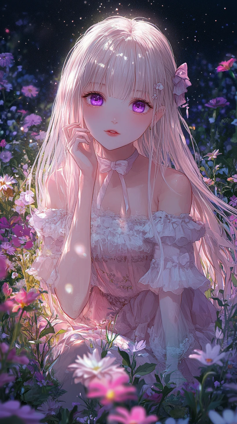 Chica de anime en un jardín de flores de fantasía brillante