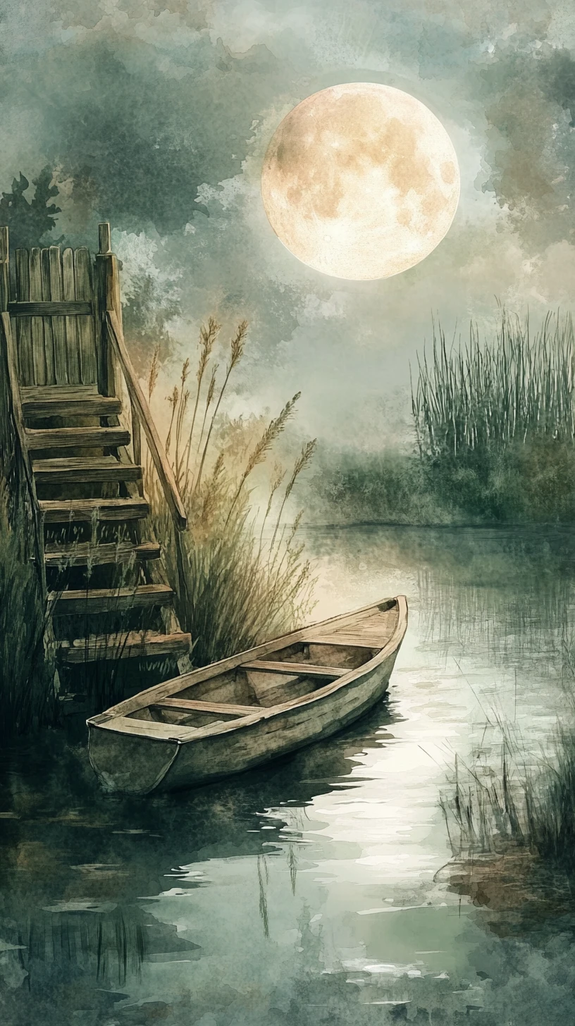 Río a la luz de la luna en acuarela con bote de madera y puerta