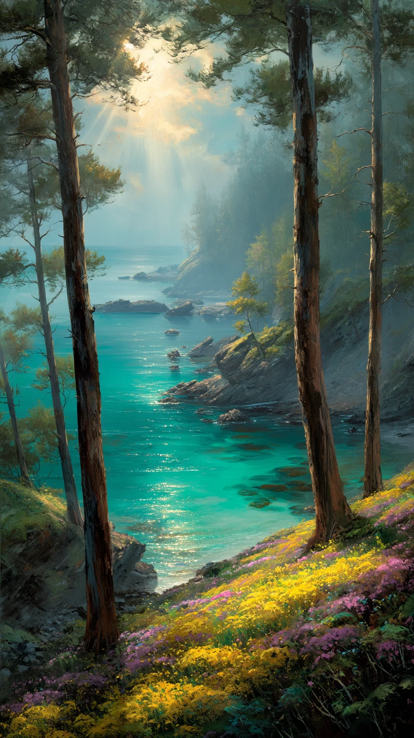 Ancient Coastal Forest Framing A Turquoise Sunlit Sea