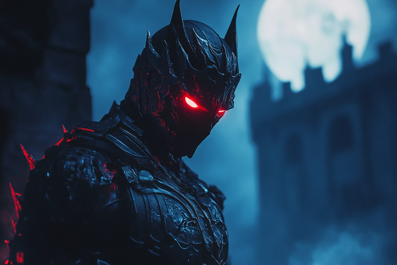 Vampire cyber lord before a neon gothic Transylvanian castle