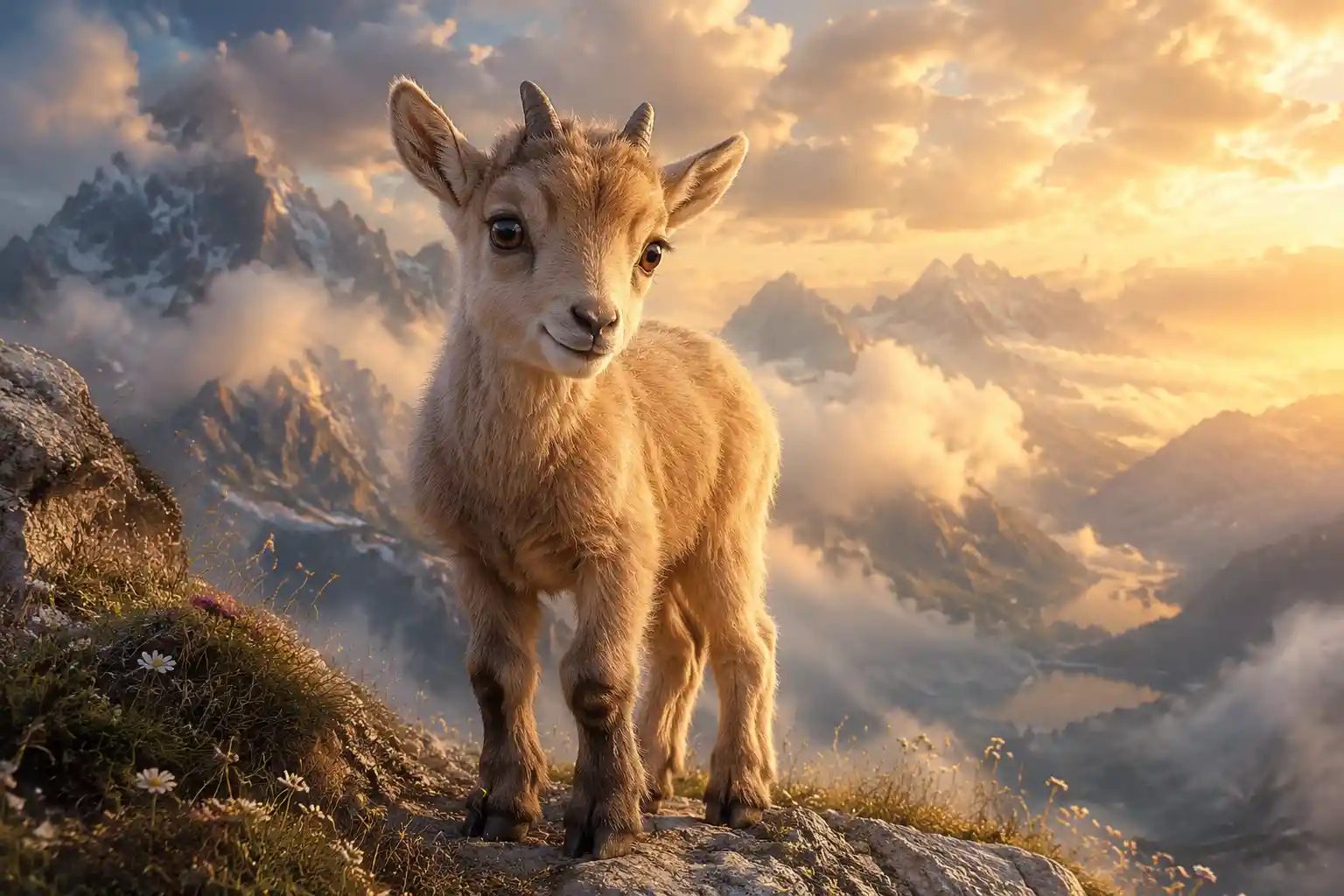 Baby ibex standing on a misty mountain ledge at sunset