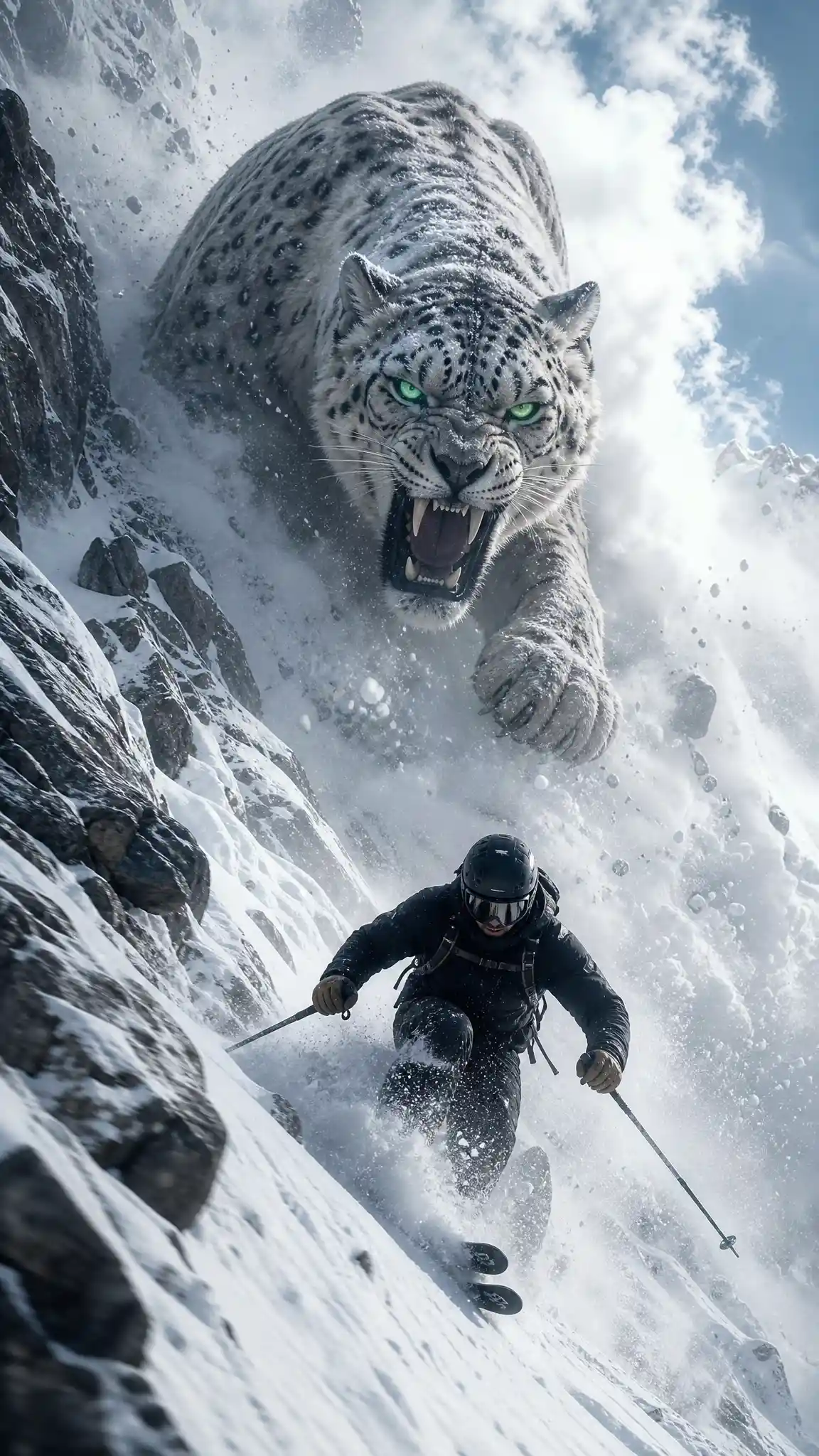 Skier racing downhill beneath a towering snow leopard