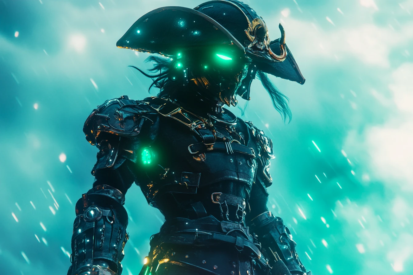 Cyber pirate guardian in stormy tropical battlefield