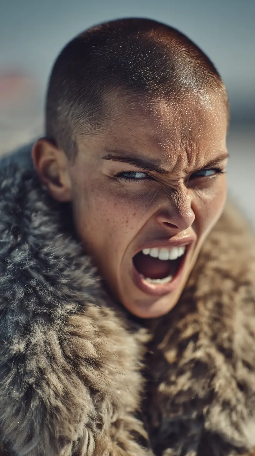 Shaved head woman in fur coat at racing track