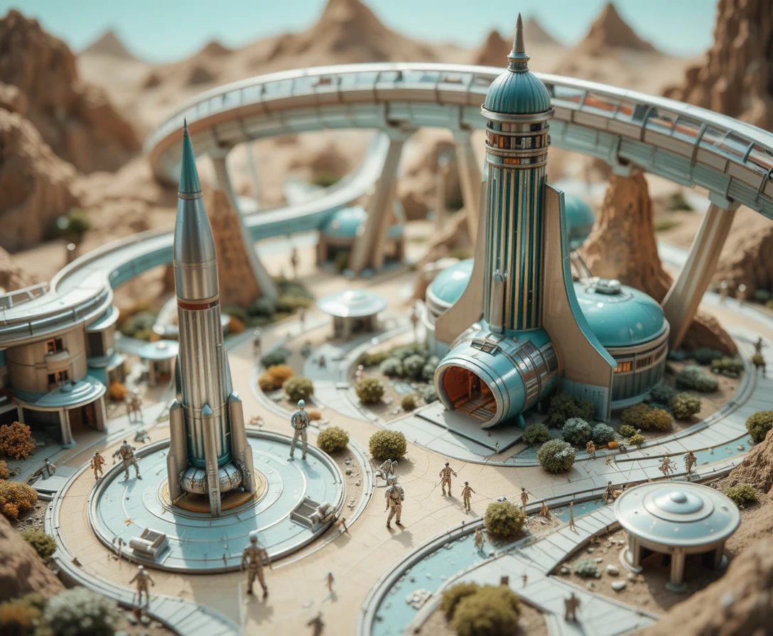 Miniature retro futuristic spaceport with rockets and monorail