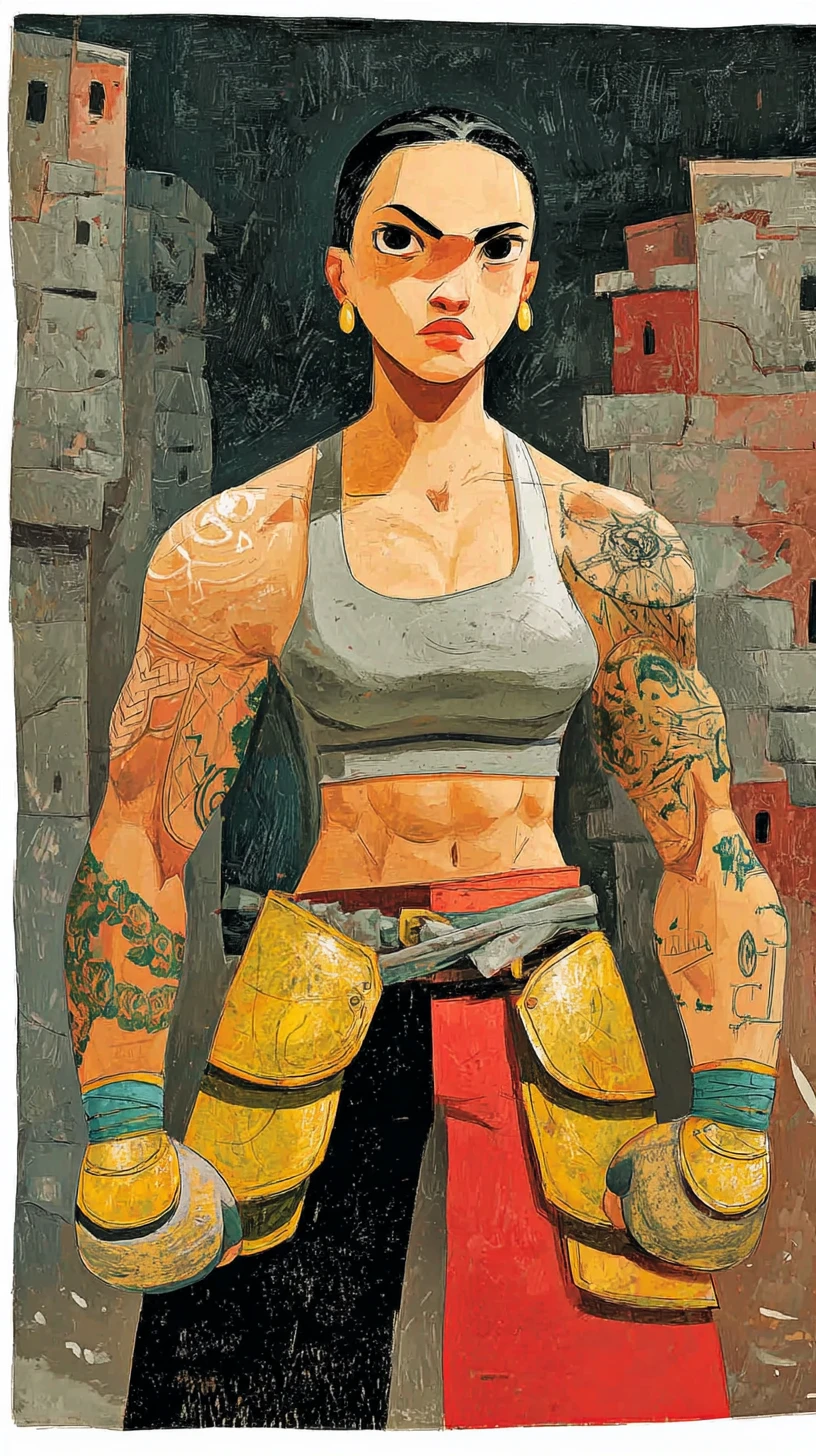 Muscular warrior woman with angelic face in ruined city