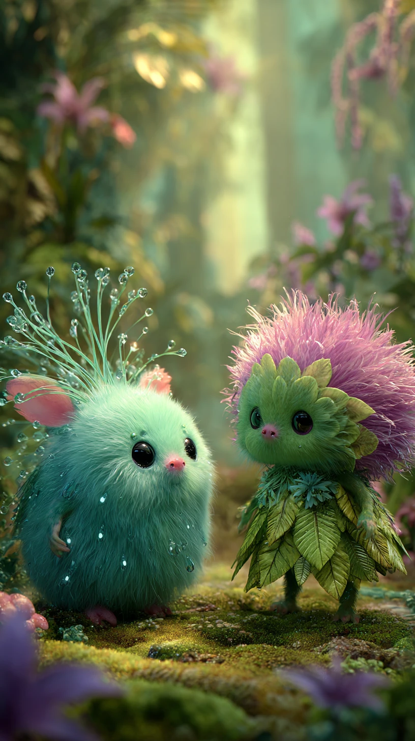 Two cute fantasy creatures in a sunlit forest