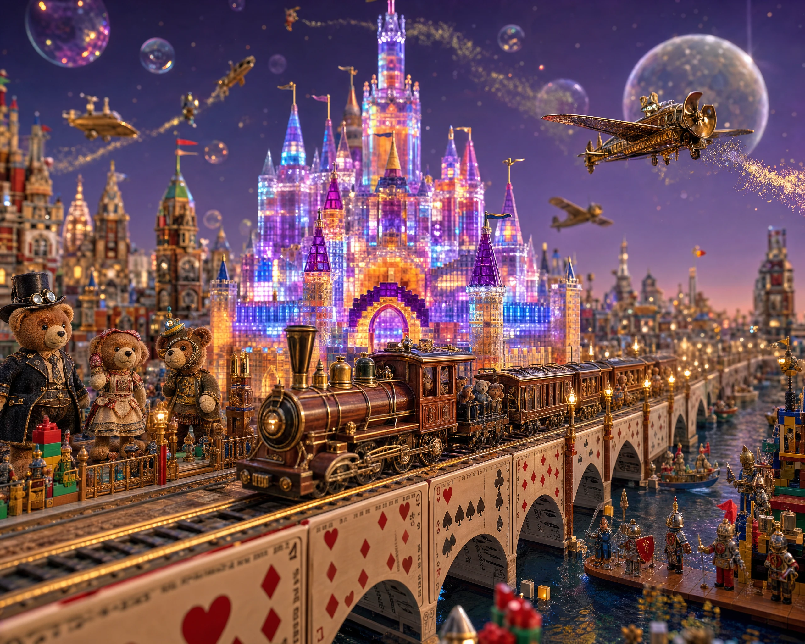 Vibrante metrópolis de juguetes con castillo Lego de cristal brillante