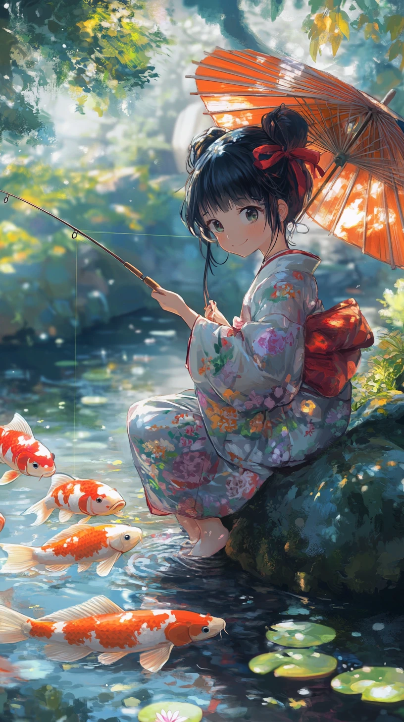 和服動漫少女在寧靜錦鯉池畔釣魚