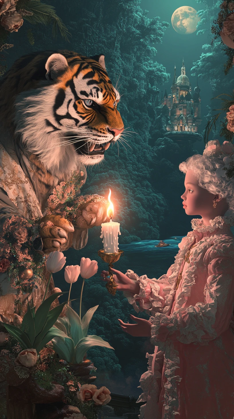 Surreal tiger with tulips in a cinematic dream collage