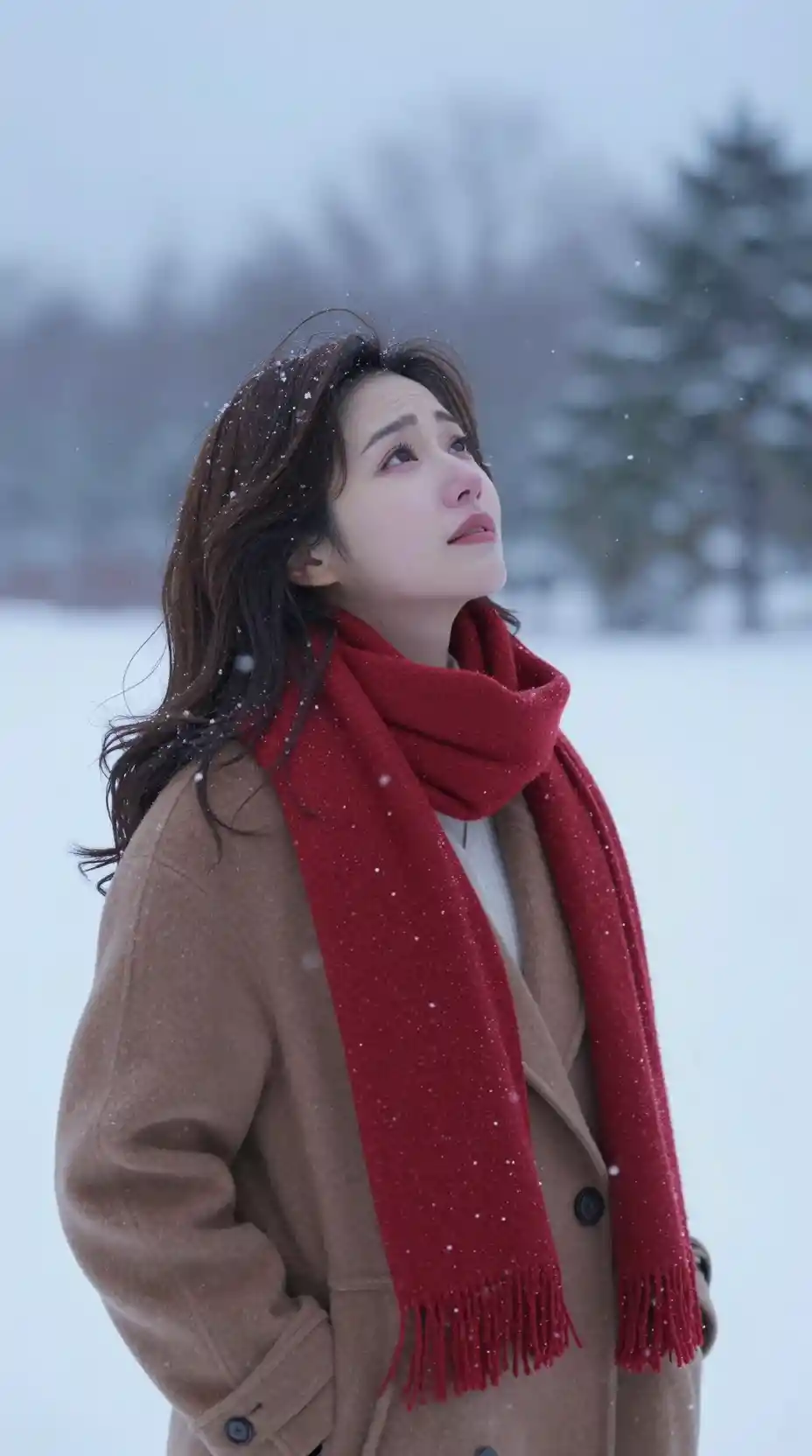 Sad Japanese woman watching snow fall in winter landscape