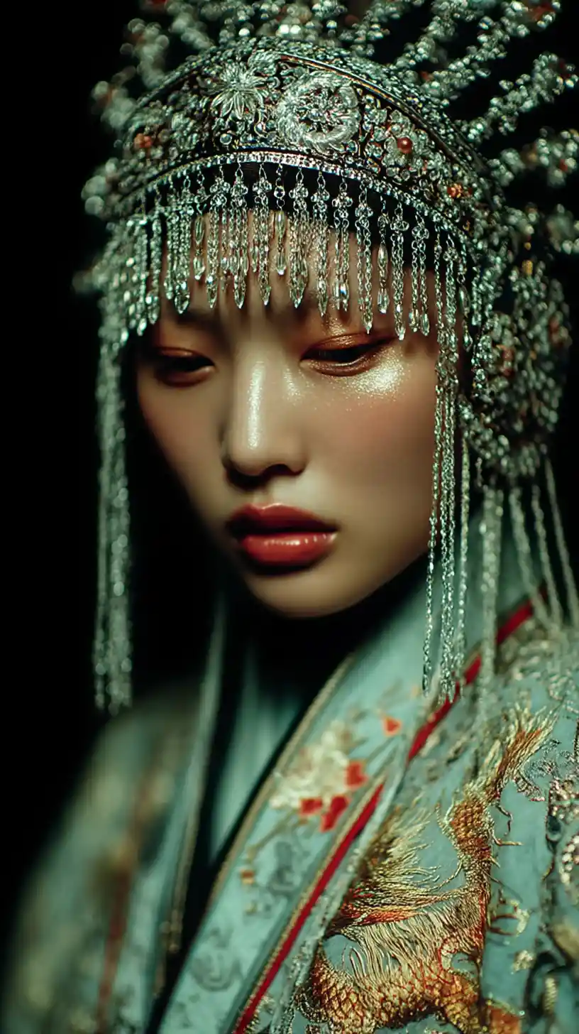 Young woman in silver headdress under dramatic warm light