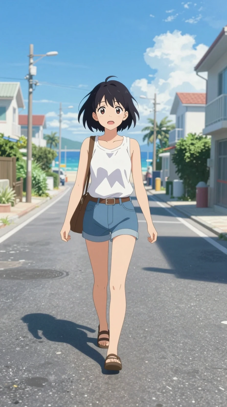 Anime girl walking on a sunny beach street in bright colors