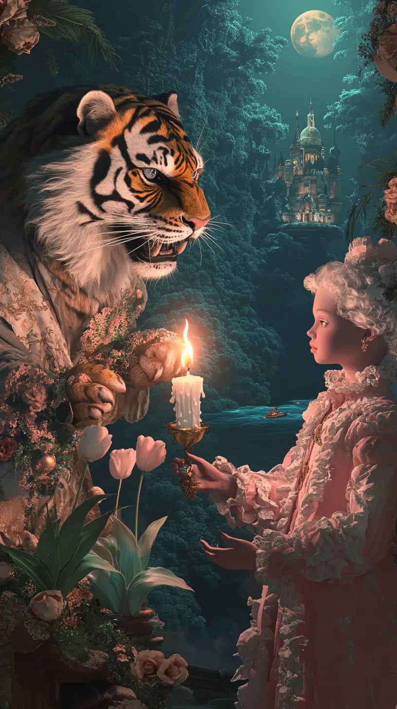 Surreal tiger with tulips in a cinematic dream collage