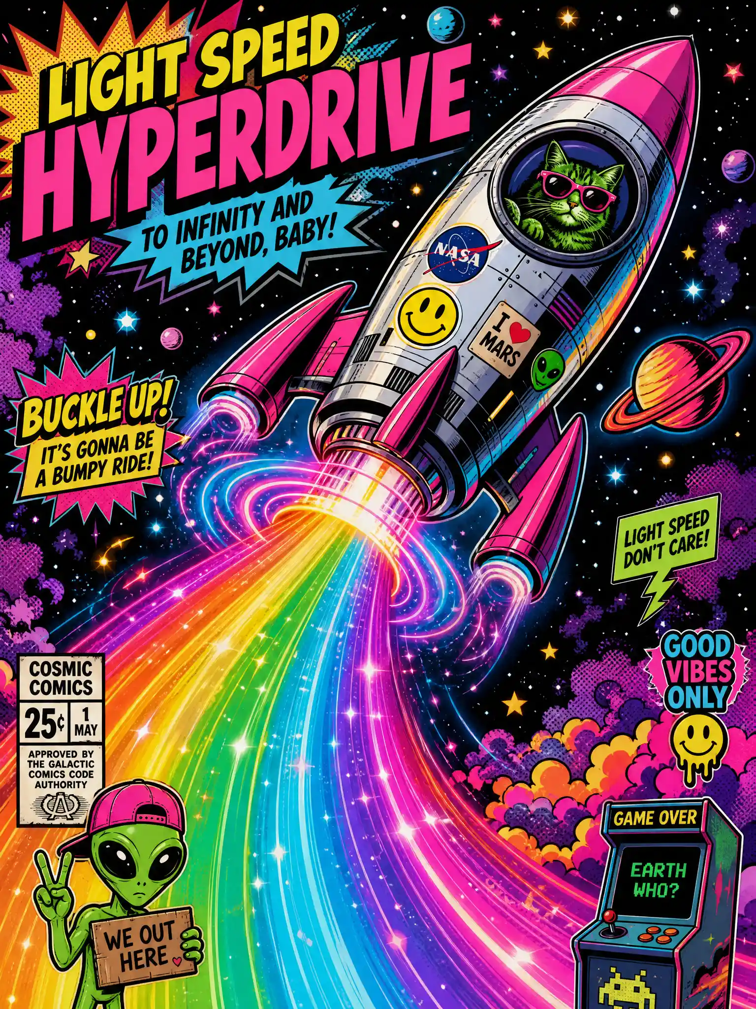 Futuristic rocket blasting into glowing neon cosmic space