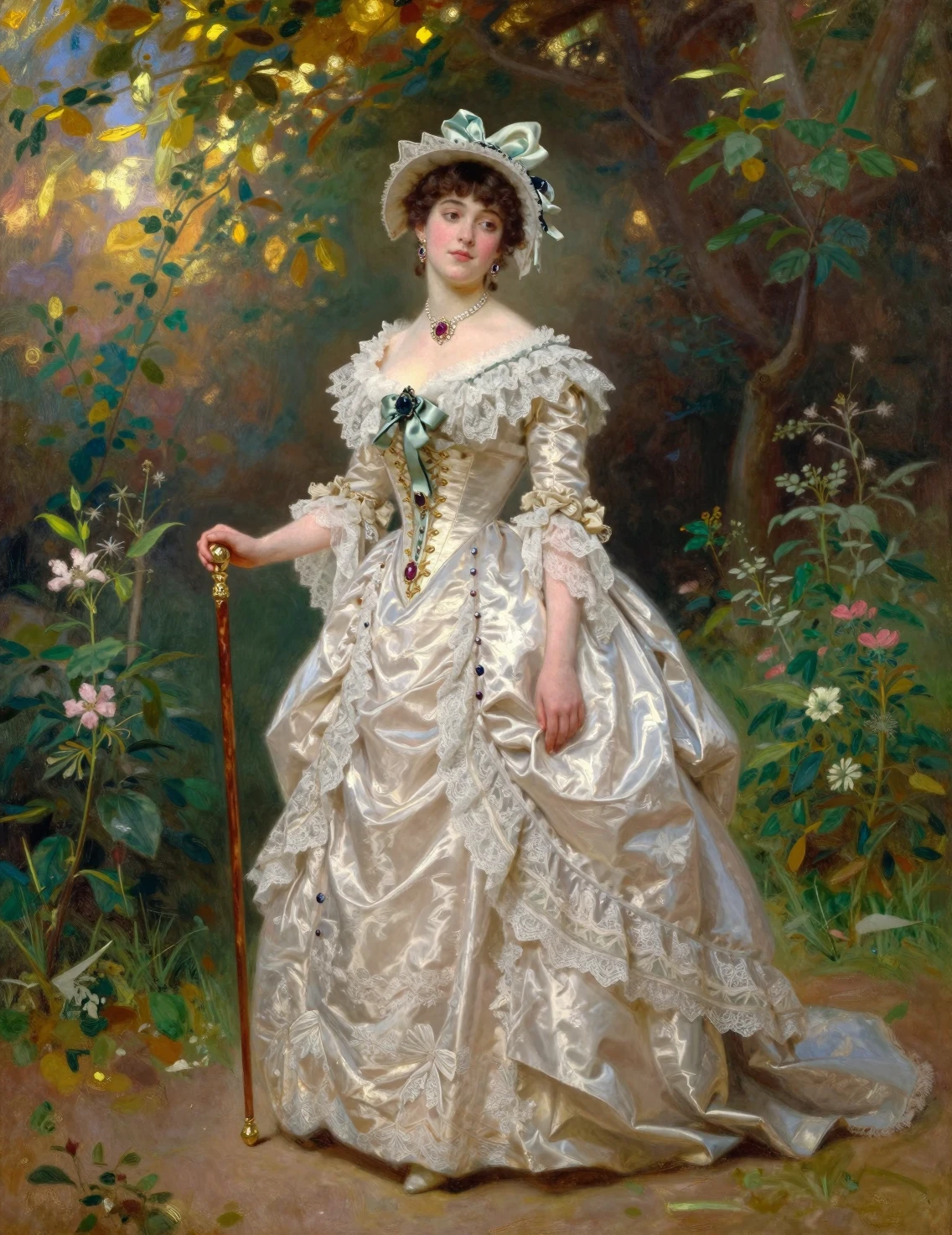 Victorian noblewoman in an elegant gown in a sunlit garden