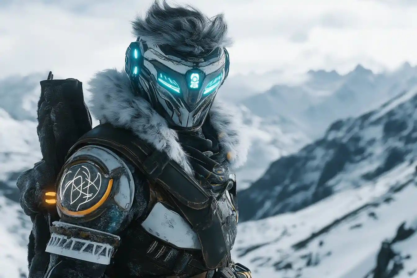 Cyber mountain hunter in glowing tribal armor