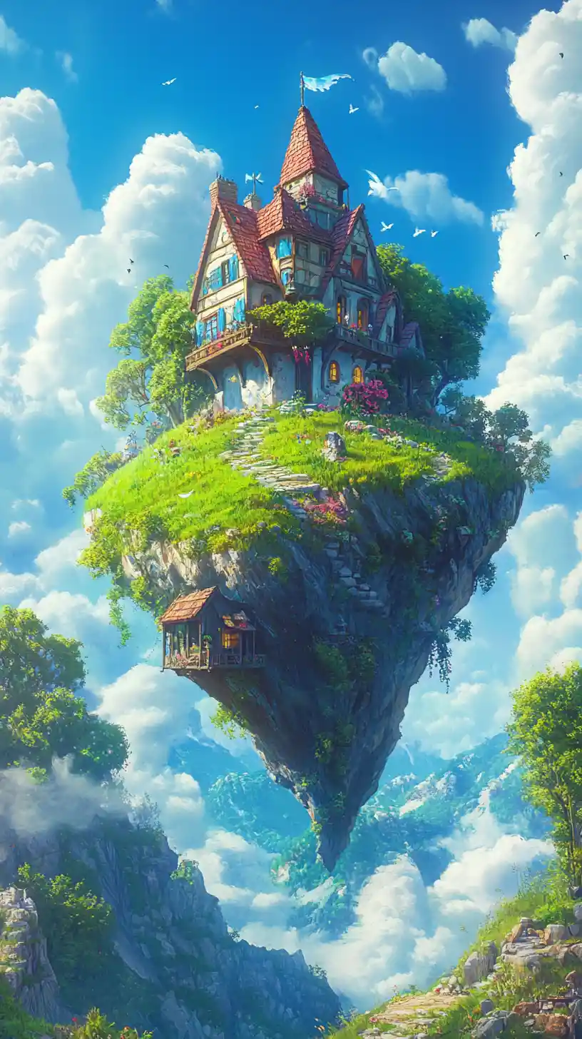 Whimsical floating castle house above a grassy mountain peak
