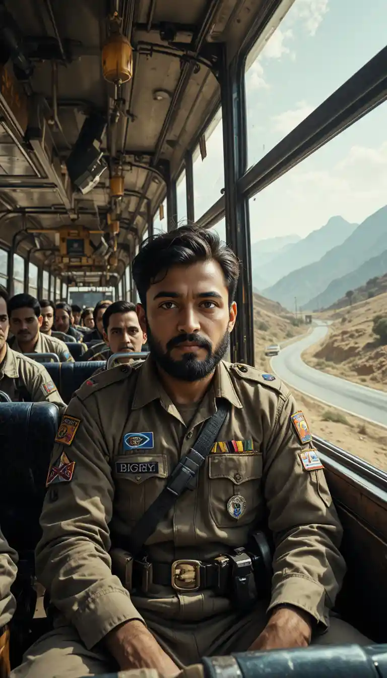 Soldato pakistano su autobus delle vacanze affollato lungo strade di montagna