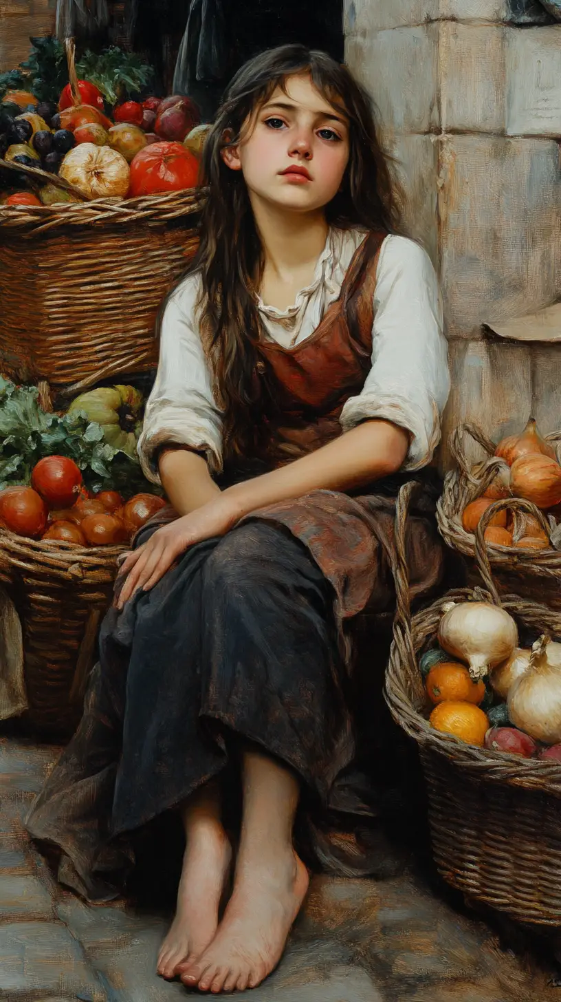 Tired Young Girl Resting Beside Produce In Busy Market