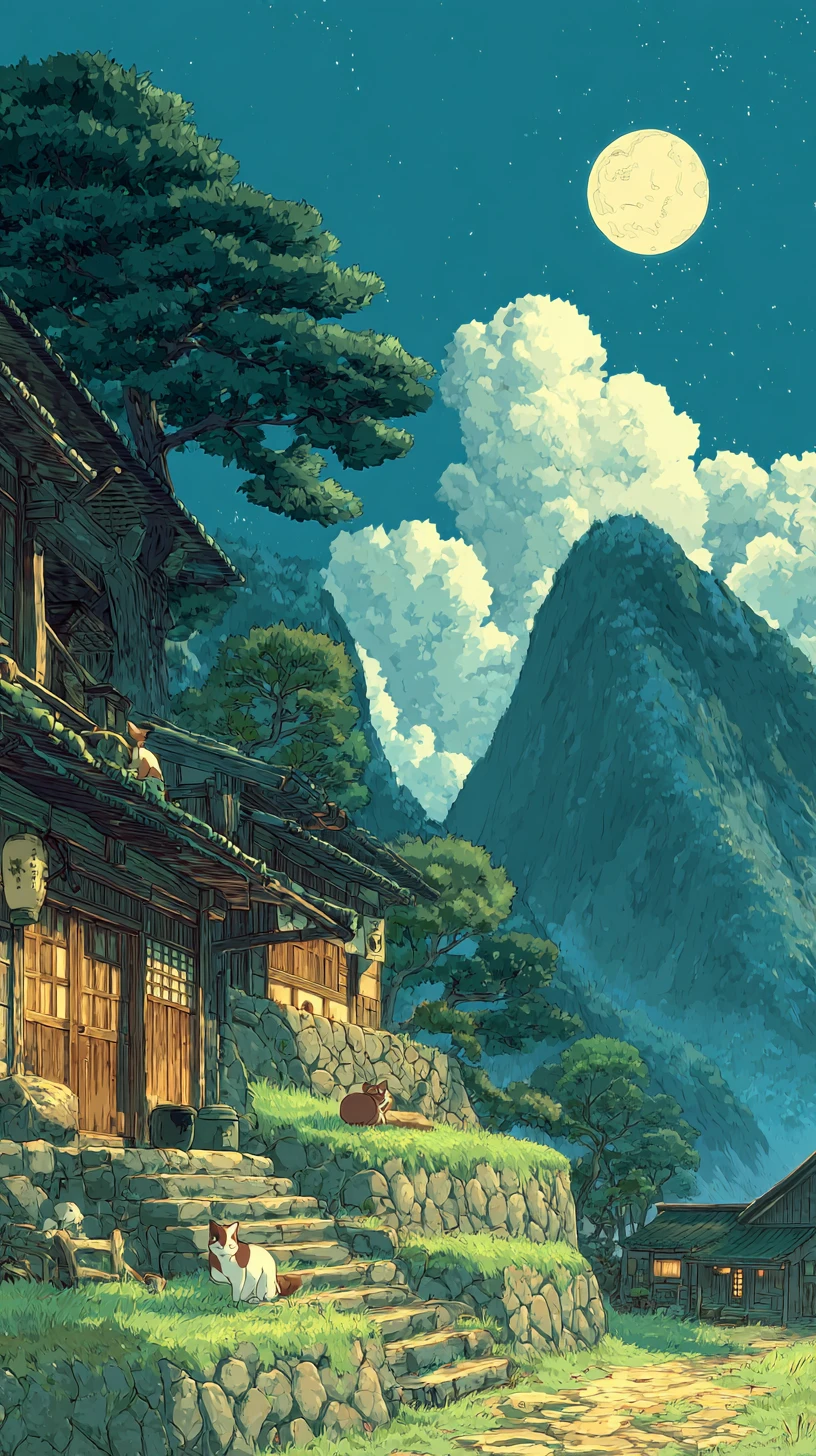 Anime temple among green hills and distant mountains