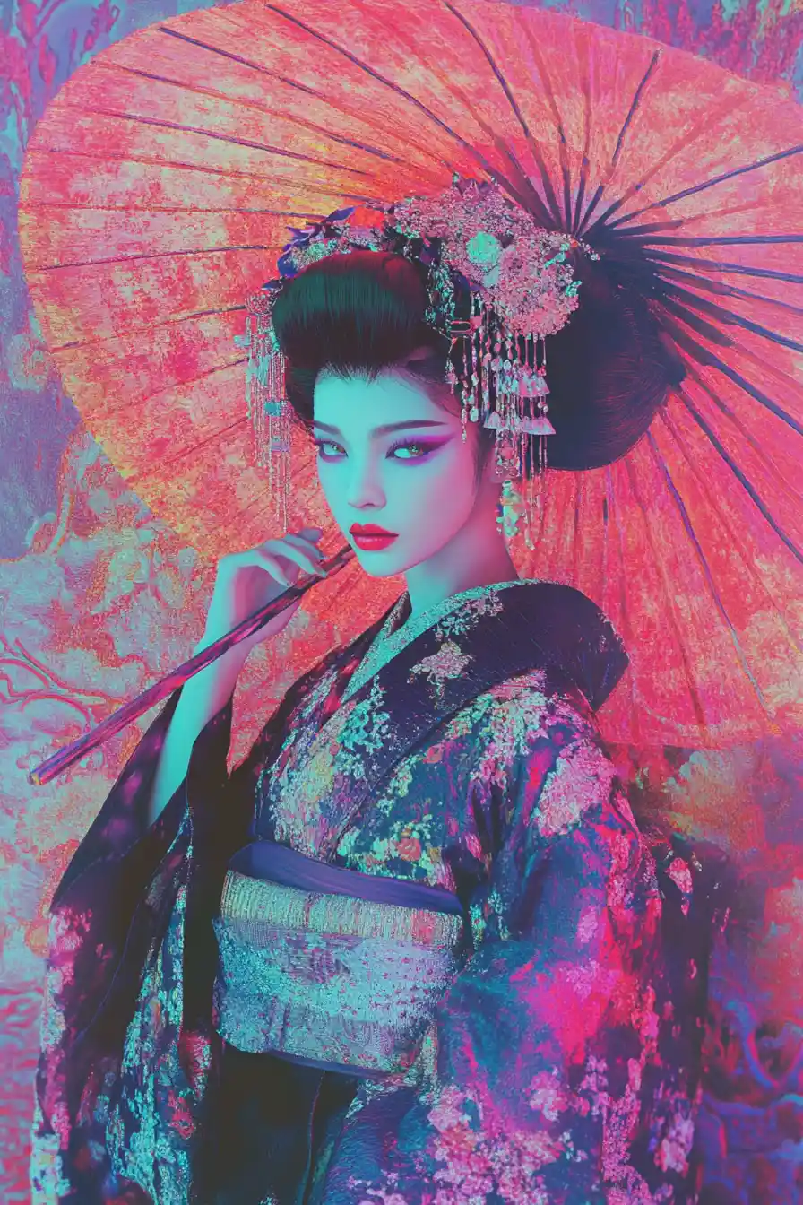 Baroque inspired supermodel geisha in neon pastel colors