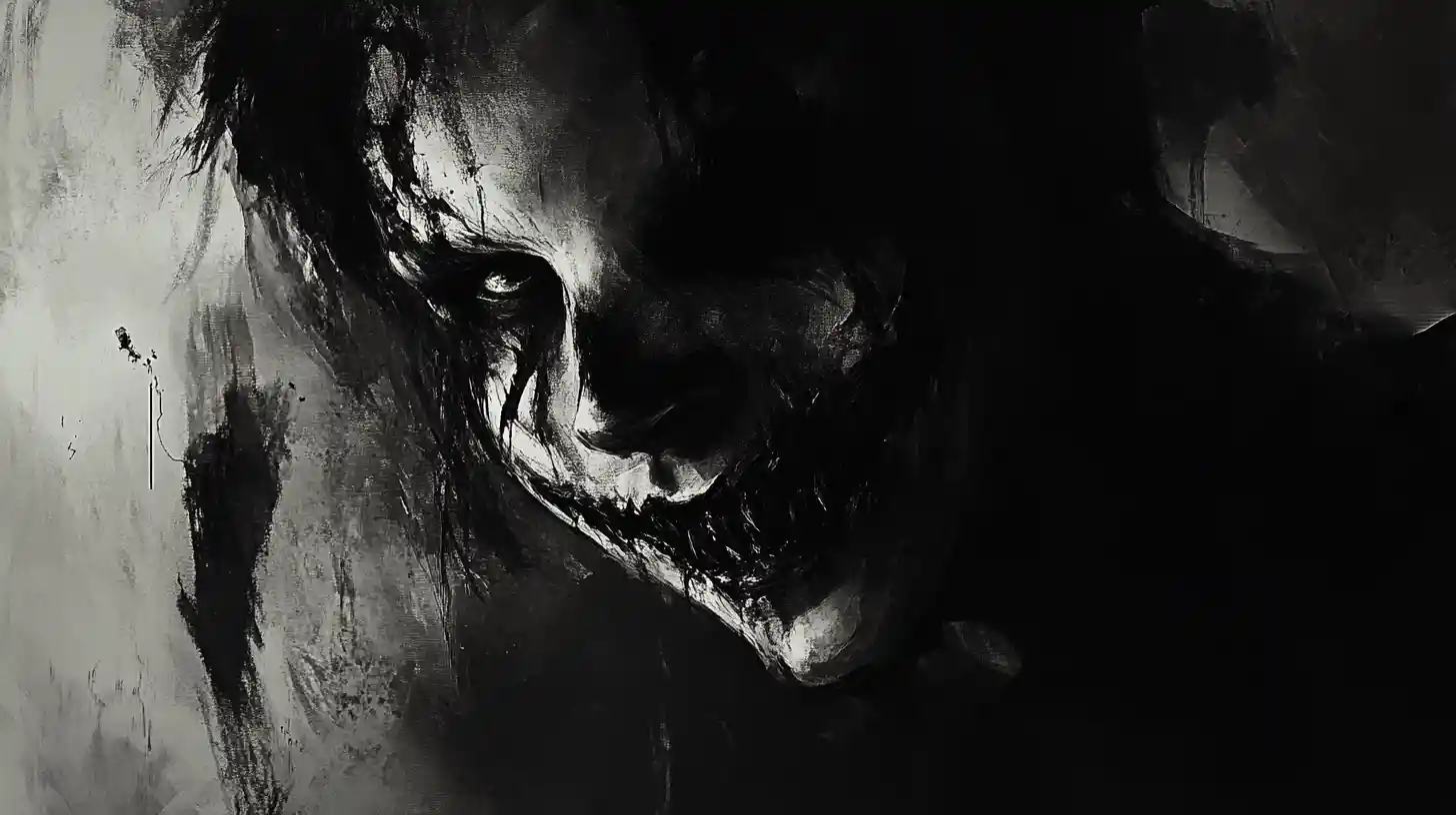 Dark figure with a twisted menacing grin in shadow