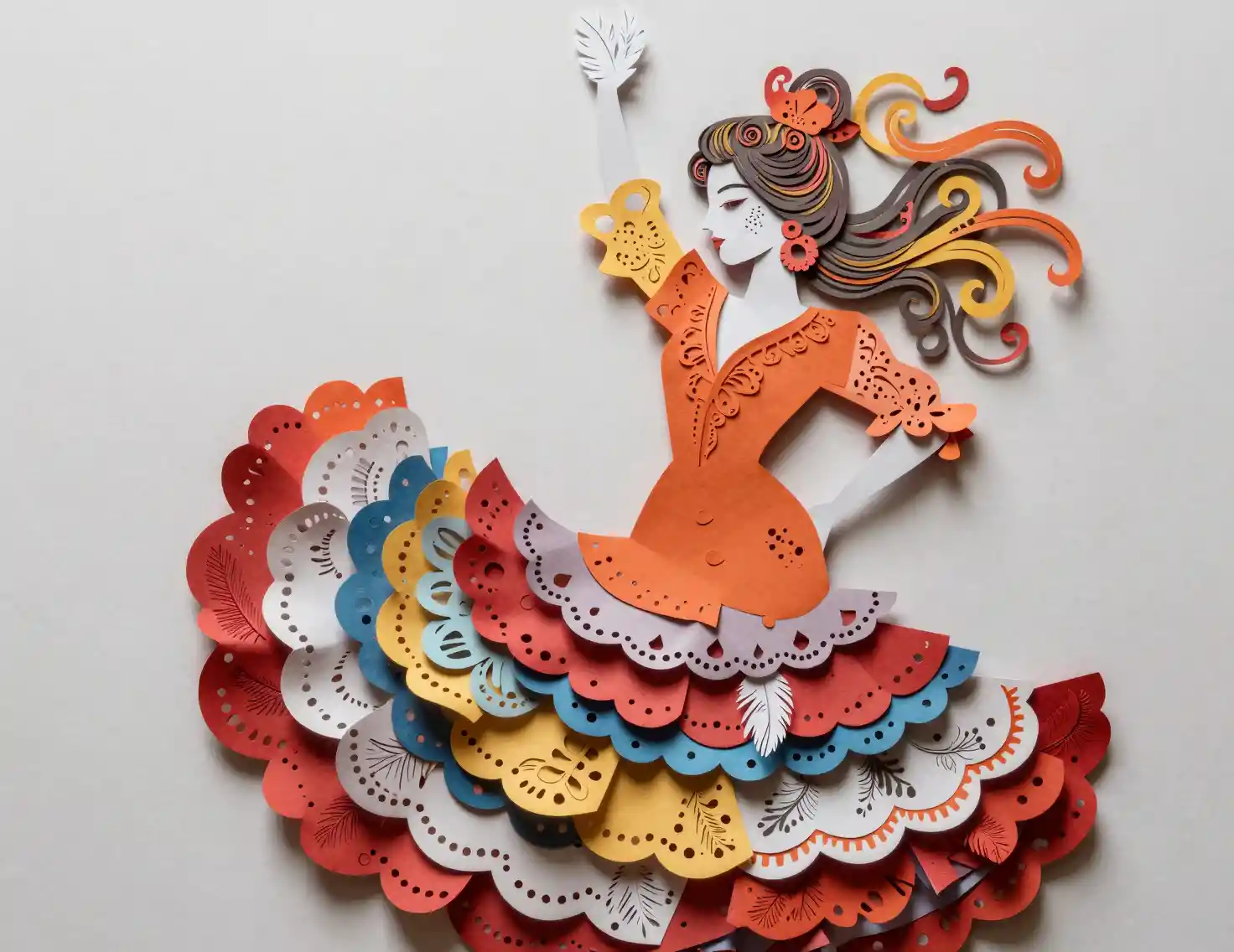 Colorful paper sculpture of an ornamental flamenco dancer