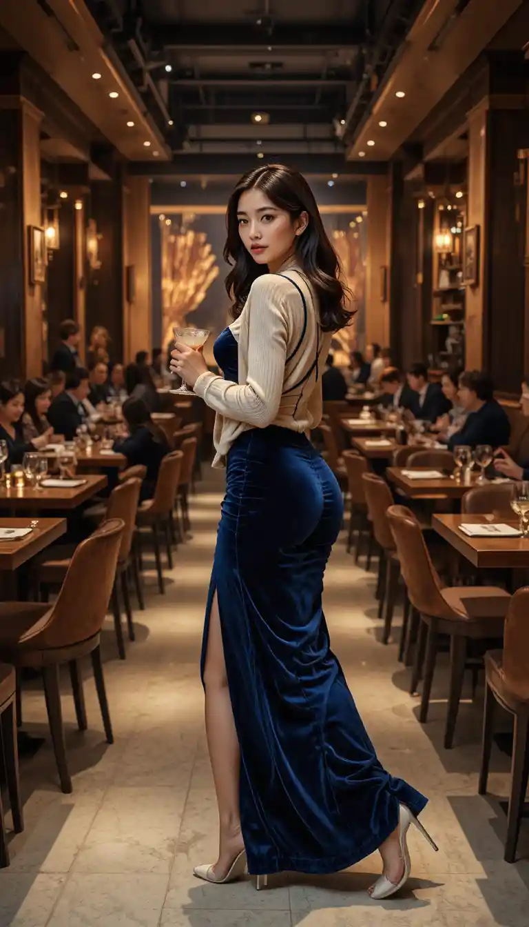 Confident Korean woman walking through a dim lounge