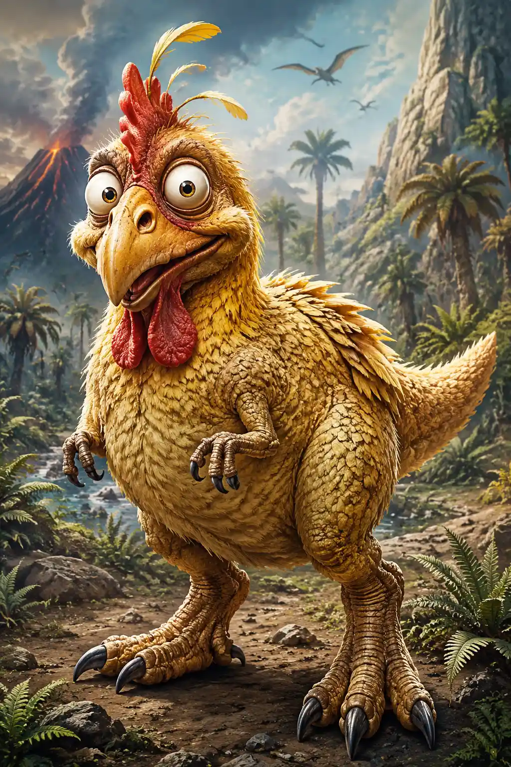 Cartoon dinosaur chicken hybrid in a prehistoric jungle