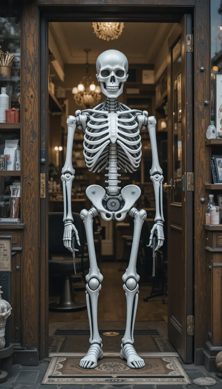 Mechanical white skeleton barber greeting customers at the door