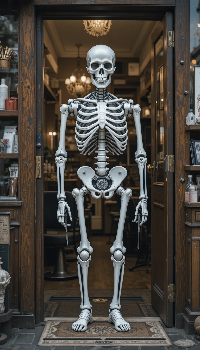 Mechanical white skeleton barber greeting customers at the door