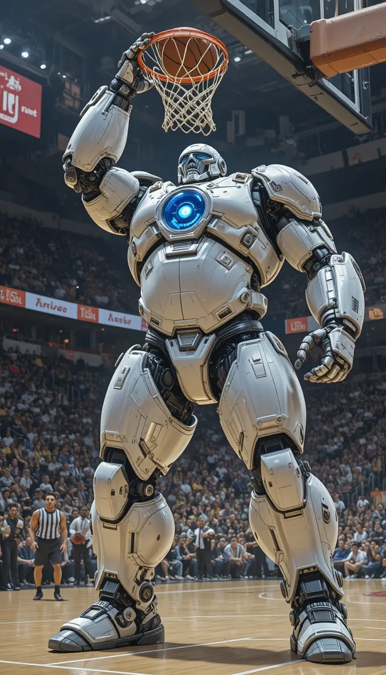 Burly white robot dunking powerfully on a basketball court