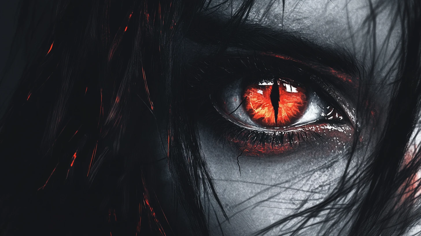 Sharp cat eye drawn with a deadly vengeful gaze