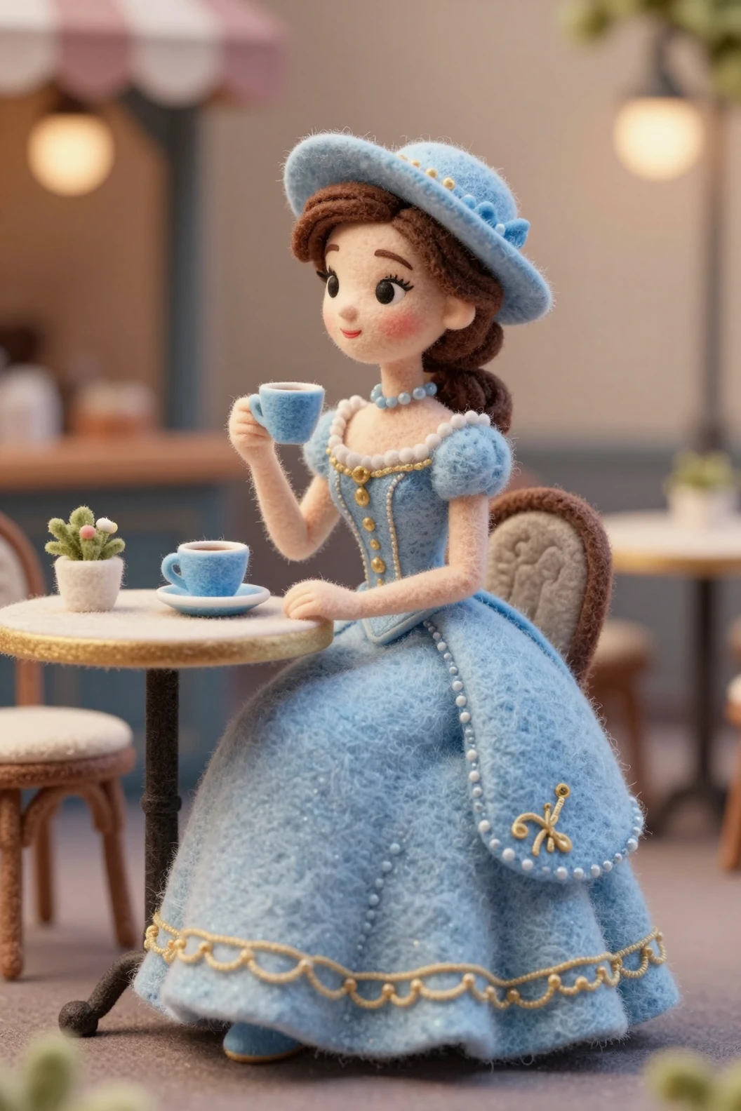 Elegante mujer de fieltro en una diminuta mesa de café parisina