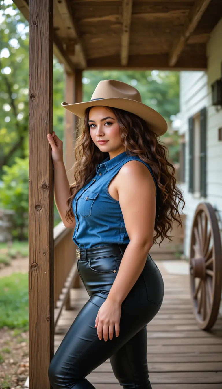 Cowgirl in piedi sul portico di legno accanto a una casa di campagna rustica