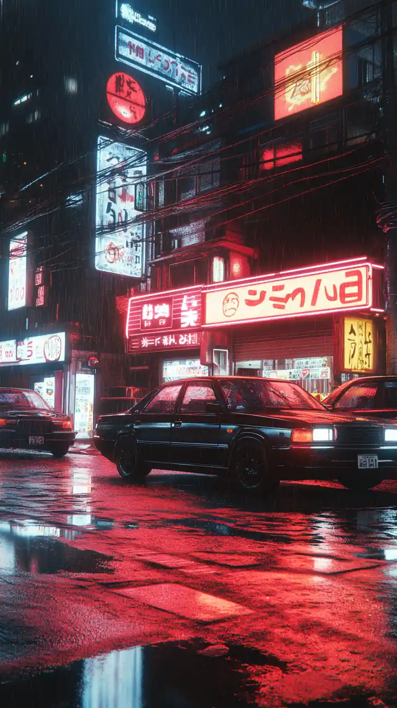Neon lit Tokyo street with retro cars in the rain