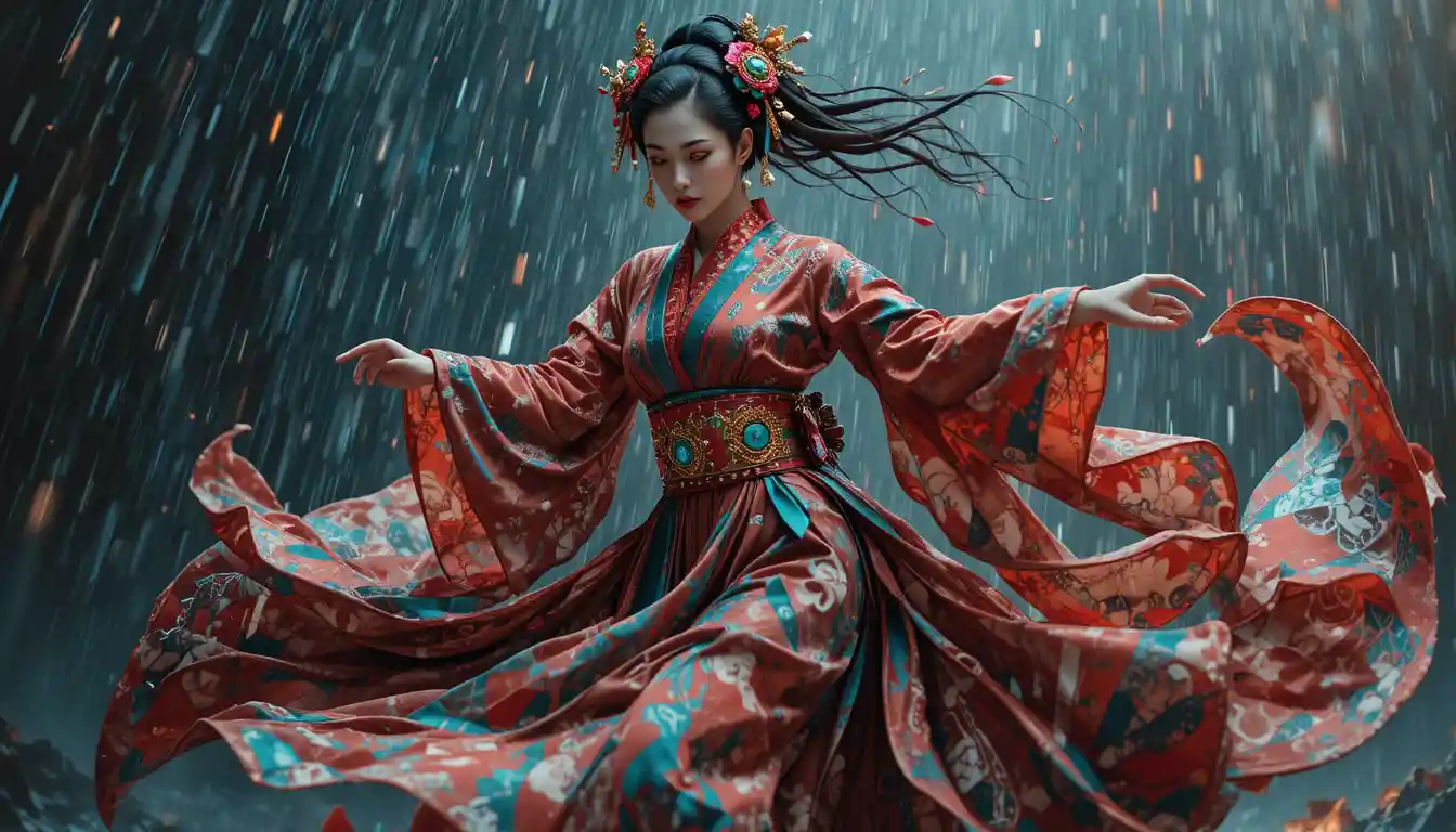 Geisha spinning in storm with flowing kimono and neon accents