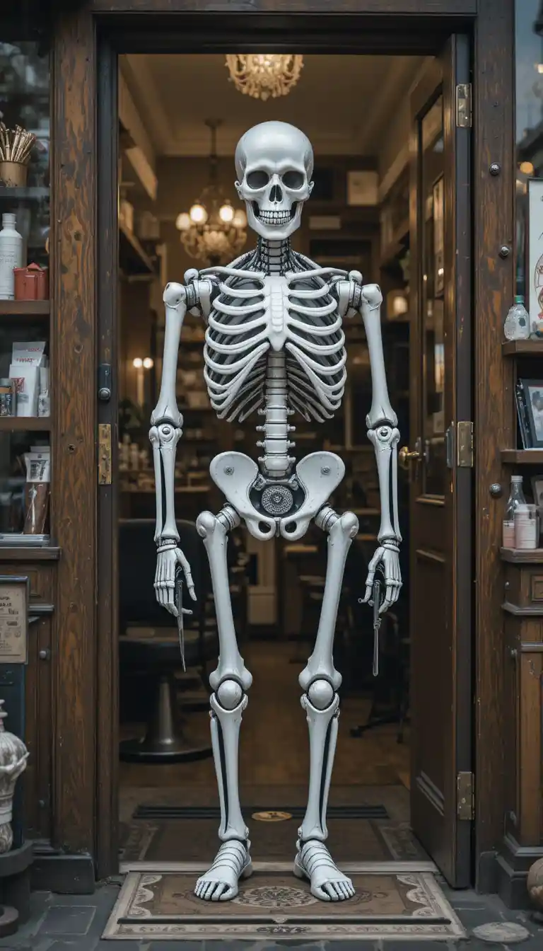 Mechanical white skeleton barber greeting customers at the door