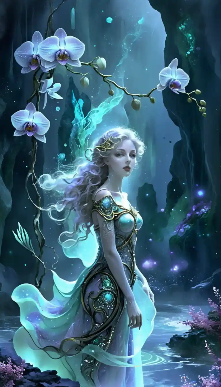 Surreal mixed media woman emerging from swirling blue sea