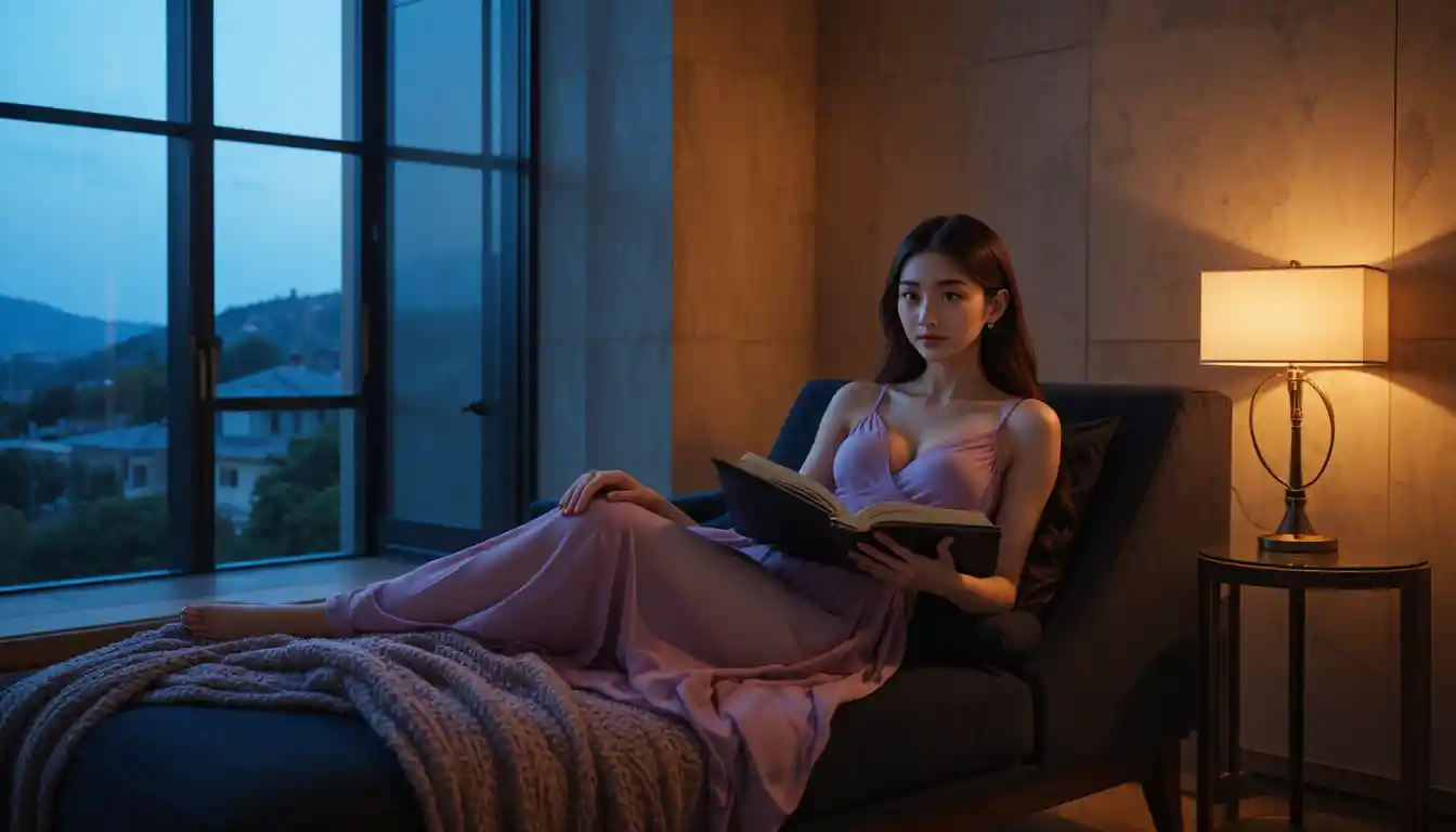Korean college girl reading on a velvet chaise lounge