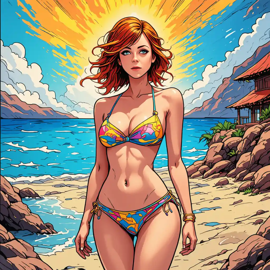 Smiling woman in colorful bikini on vibrant comic beach